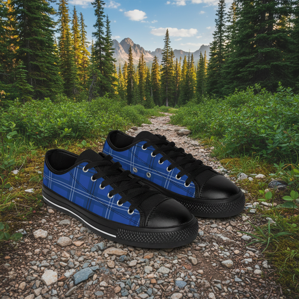 Royal Blue Plaid Women's Sneakers, Tartan Print Designer Low Top Fashion Fashion Tennis Shoes For Ladies  (US Size: 6-12)