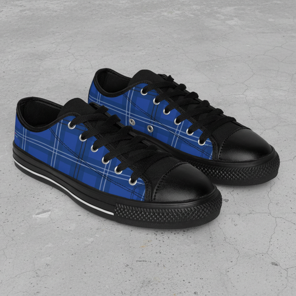 Royal Blue Plaid Women's Sneakers, Blue Classic Tartan Plaid Print Designer Low Top Fashion Tennis Shoes Women's Sneakers Footwear Streetwear Shoes (US Size: 6-12)