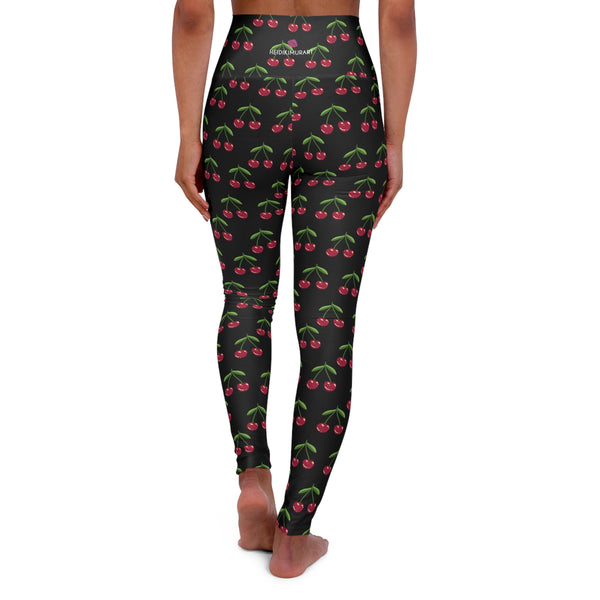 Black Cherries Print Women's Tights, High Waisted Yoga Leggings