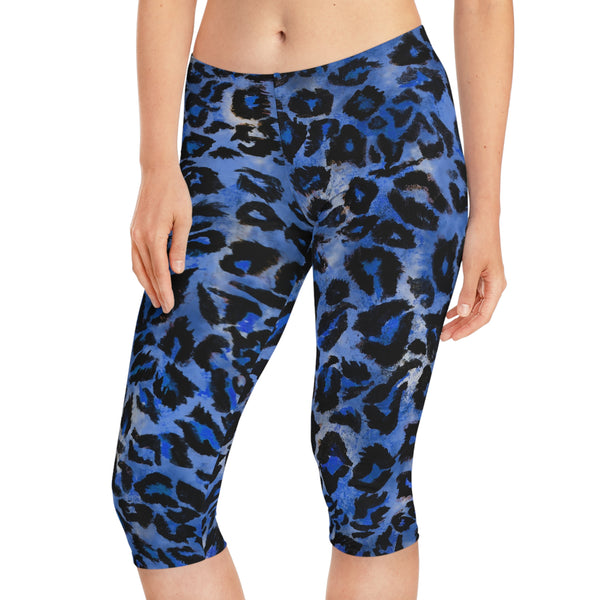 Blue Leopard Women's Capri Leggings, Modern Leopard Animal Print American-Made Best Designer Premium Quality Knee-Length Mid-Waist Fit Knee-Length Polyester Capris Tights-Made in USA (US Size: XS-2XL) Plus Size Available