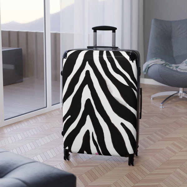 Black Zebra Print Cabin Suitcase, Zebra Striped Animal Print Designer Suitcase Luggage (Small, Medium, Large)