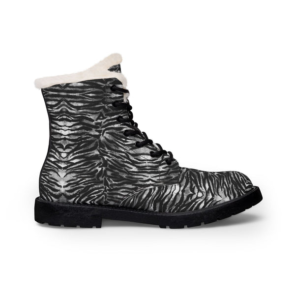 Men's Black Zebra Fur-Lined Leather Boots — Insulated Winter Combat Style
