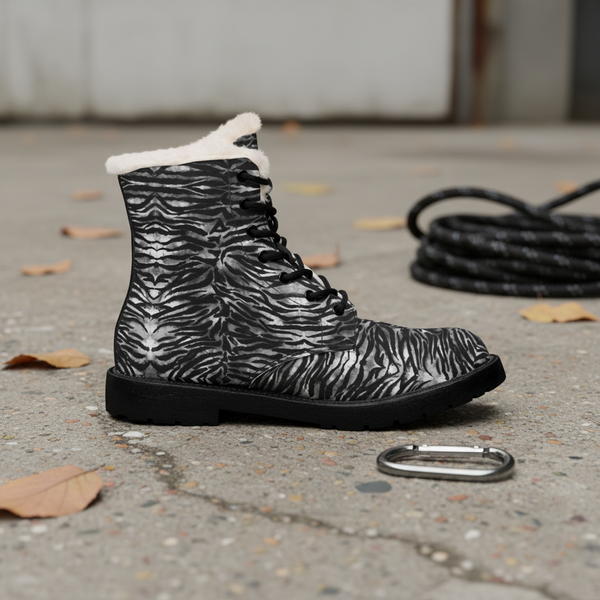 Men's Black Zebra Fur-Lined Leather Boots — Insulated Winter Combat Style