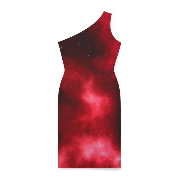 Red Abstract Women's Shoulder Dress, Galaxy Red Abstract Galaxy Print Best Knee-Length Fitted Stretchy Designer Off-The-Shoulder Sleeveless Dress &nbsp;- Made in USA (US Size: XS-XL)