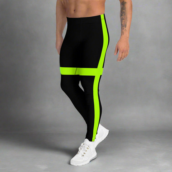 Black Green Neon Men's Leggings, Modern Minimalist Striped Meggings-Made in USA/EU/MX