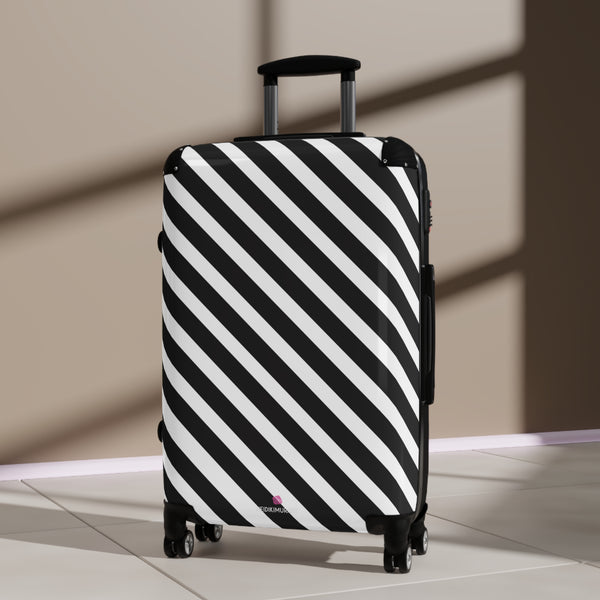 Black White Diagonal Striped Suitcases, Stripes Print Suitcases, Best Suitcases, Travel Bag Suitcases