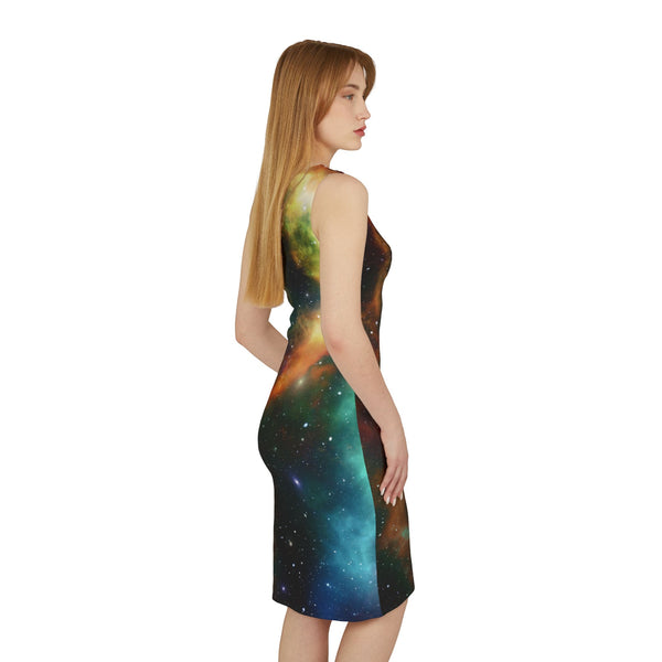 Multi-Colored Abstract Women's Shoulder Dress, Galaxy Colorful Abstract Space Print Best Knee-Length Fitted Stretchy Designer Off-The-Shoulder Sleeveless Dress &nbsp;- Made in USA (US Size: XS-XL)