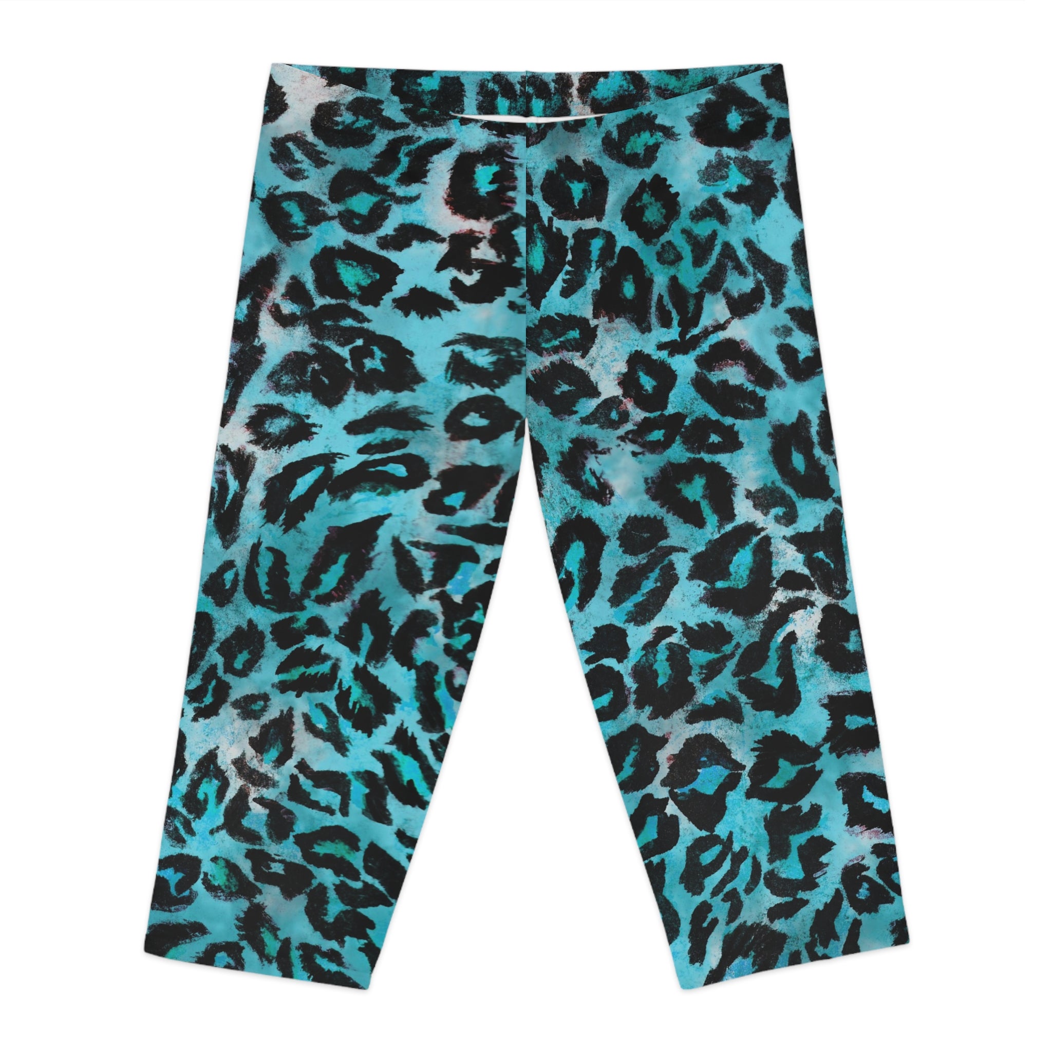 Blue Leopard Women's Capri Leggings, Modern Leopard Animal Print American-Made Best Designer Premium Quality Knee-Length Mid-Waist Fit Knee-Length Polyester Capris Tights-Made in USA (US Size: XS-2XL) Plus Size Available