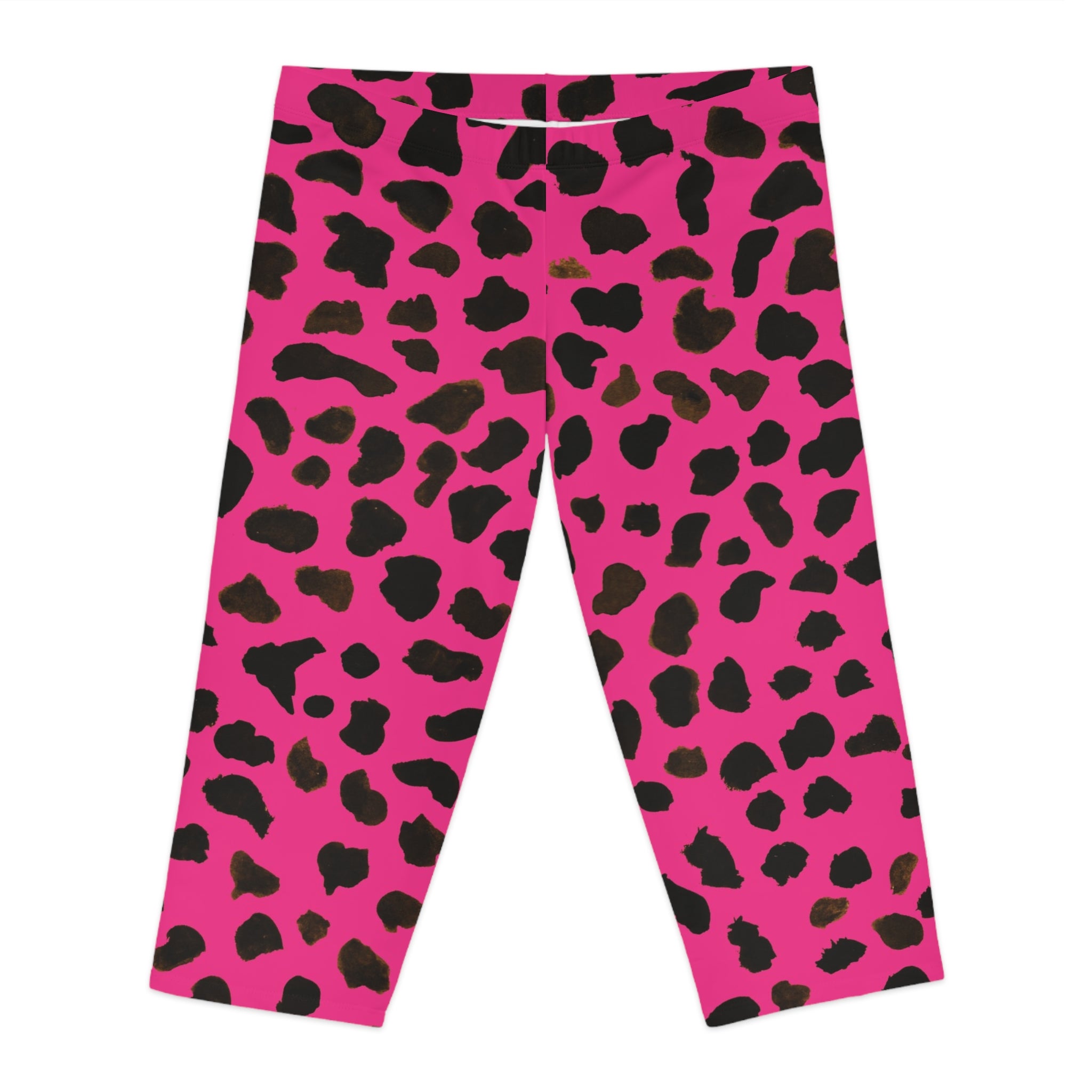 Pink Cow Spots Women's Tights, Cow Spots Print Women's Capri Leggings, Cow Animal Print American-Made Best Designer Premium Quality Knee-Length Mid-Waist Fit Knee-Length Polyester Capris Tights-Made in USA (US Size: XS-2XL) Plus Size Available