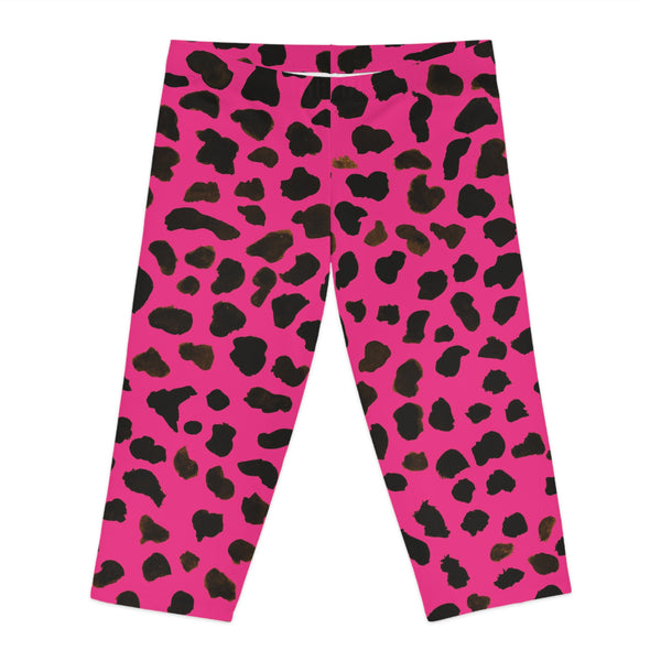 Pink Cow Spots Women's Tights, Cow Spots Print Women's Capri Leggings, Cow Animal Print American-Made Best Designer Premium Quality Knee-Length Mid-Waist Fit Knee-Length Polyester Capris Tights-Made in USA (US Size: XS-2XL) Plus Size Available