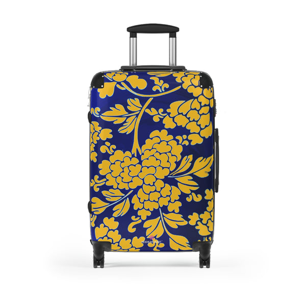 Yellow Blue Floral Print Suitcase, Abstract Oriental Style Floral Print Designer Suitcase Luggage (Small, Medium, Large) Unique Cute Spacious Versatile and Lightweight Carry-On or Checked In Suitcase, Best Personal Superior Designer Adult's Travel Bag Custom Luggage - Gift For Him or Her - Printed in&nbsp; Canada