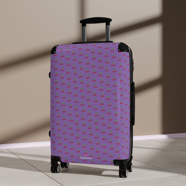 Purple Cherry Print Suitcase,  Red Cherries Print Designer Suitcases, Travel Bag Suitcases