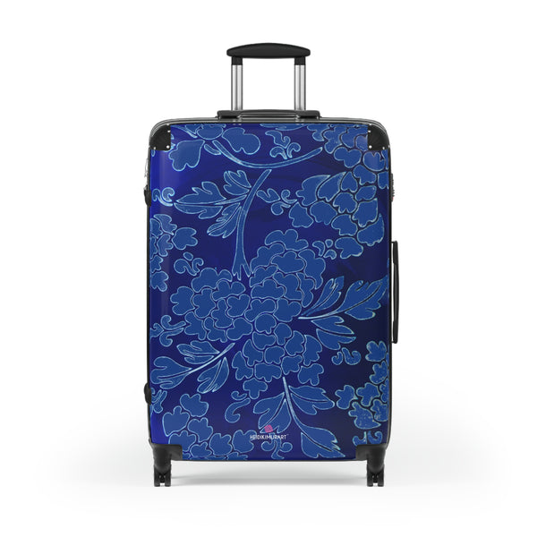 Royal Blue Floral Print Suitcase, Abstract Oriental Style Floral Print Designer Suitcase Luggage (Small, Medium, Large) Unique Cute Spacious Versatile and Lightweight Carry-On or Checked In Suitcase, Best Personal Superior Designer Adult's Travel Bag Custom Luggage - Gift For Him or Her - Printed in&nbsp; Canada