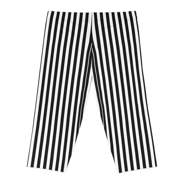 White Black Striped Women's Tights, Vertical Striped Print Women's Capri Leggings