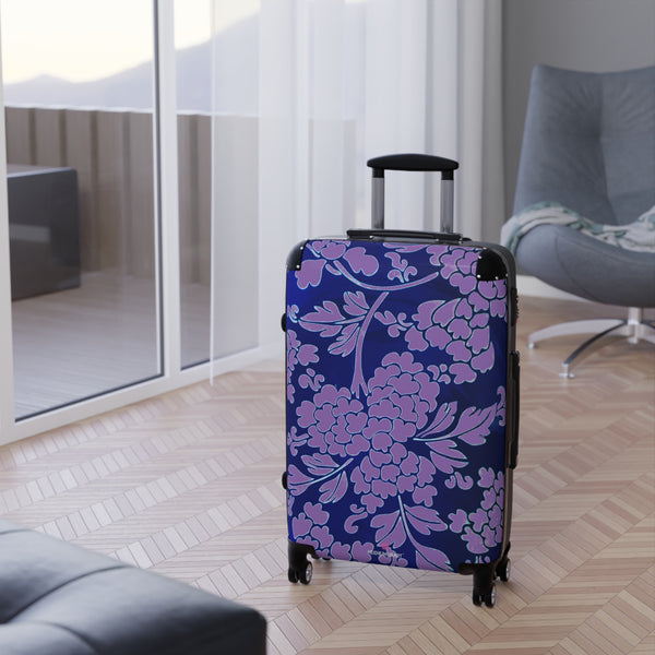 Purple Blue Floral Print Suitcase, Abstract Oriental Style Floral Print Designer Suitcases, Travel Bag Suitcases (Small, Medium, Large)