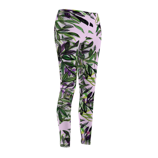 Floral Pink Women's Casual Leggings, Made in USA, Size: XS-2XL, Tropical Leaves Print Leggings, Tropical Tight Pants