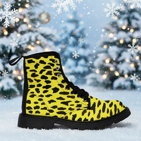 Yellow Cheetah Print Men Hiker Boots, Animal Print Best Designer Men's Canvas Boots Shoes (US Size: 7-10.5)