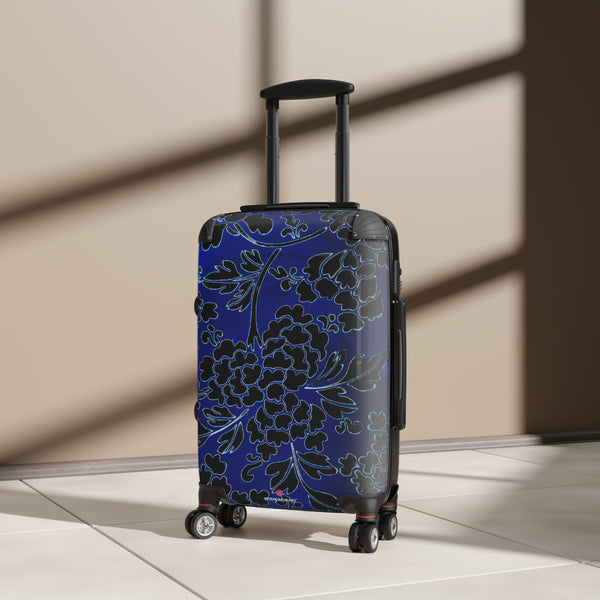 Black Blue Floral Print Suitcase, Abstract Oriental Style Floral Print Designer Suitcases, Travel Bag Suitcases (Small, Medium, Large)