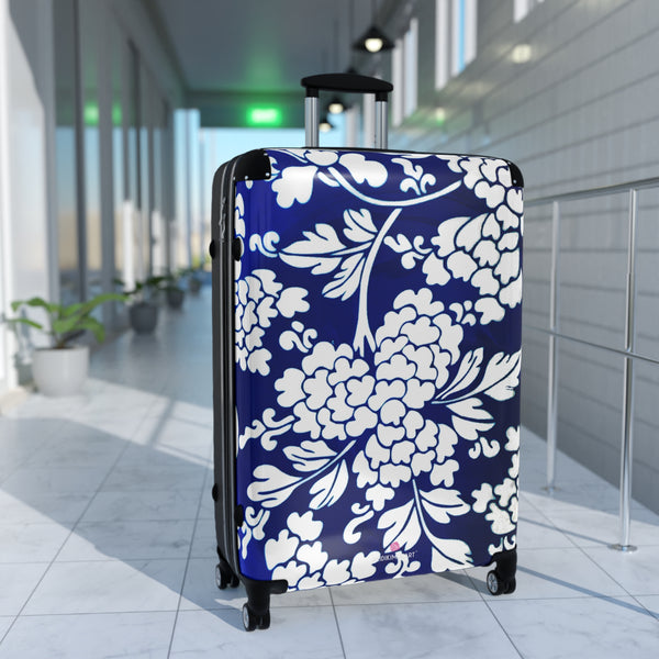 Blue Floral Print Suitcase, Abstract Print Designer Suitcases, Travel Bag Suitcases (Small, Medium, Large)