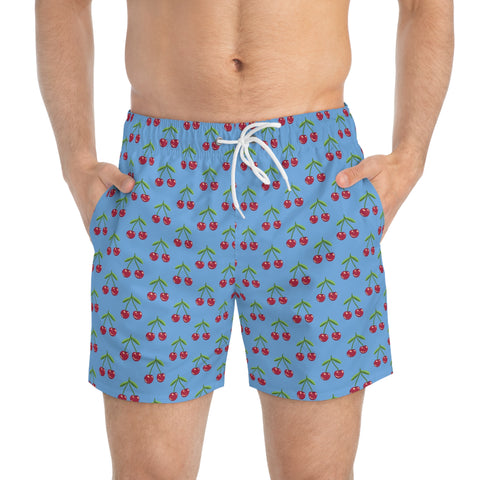 Blue Cherries Print Men's Swimwear, Red Cherries Print Best Designer Cherries Print Swim Trunks For Men (US Size: XS-3XL)&nbsp;Red Cherries Print Mid-Length Shorts Beach Pockets Mesh Lining Drawstring Luxury Cool Guys Casual Bathing Suit Plus Size Available Swimwear For Men