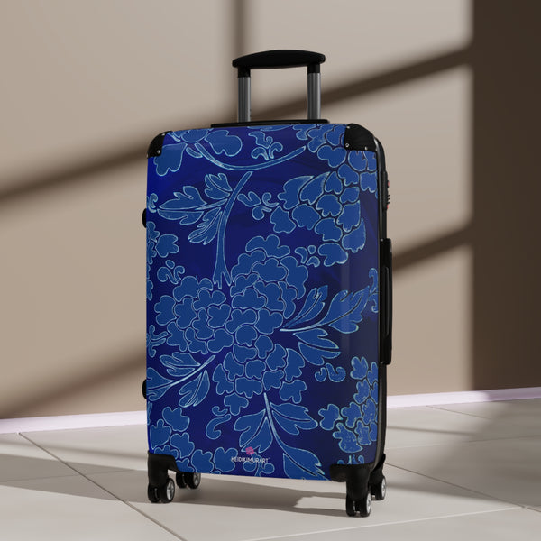 Royal Blue Floral Print Suitcase, Abstract Oriental Style Floral Print Designer Suitcases, Travel Bag Suitcases (Small, Medium, Large)