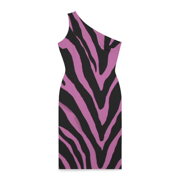 Light Pink Zebra Shoulder Dress, Zebra Pattern Women's Shoulder Dress, Light Pink and Black Best Knee-Length Fitted Stretchy Designer Animal Print Off-The-Shoulder Sleeveless Dress &nbsp;- Made in USA (US Size: XS-XL)