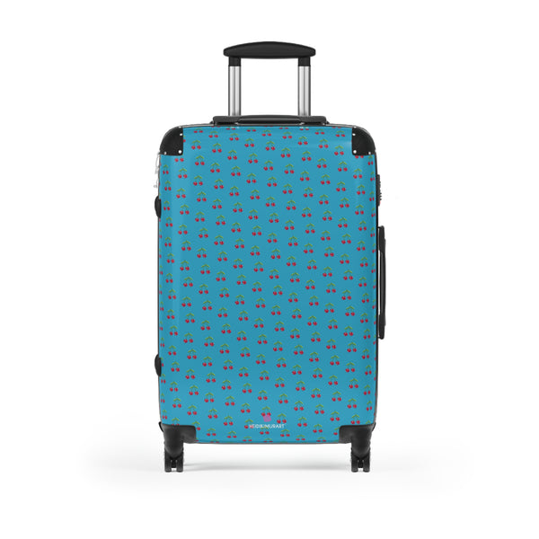 Blue Cherry Print Suitcase, Cute Red Cherries Print Designer Suitcases, Travel Bag Suitcases