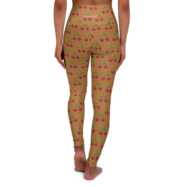 Brown Cherries Print Women's Tights, High Waisted Yoga Leggings