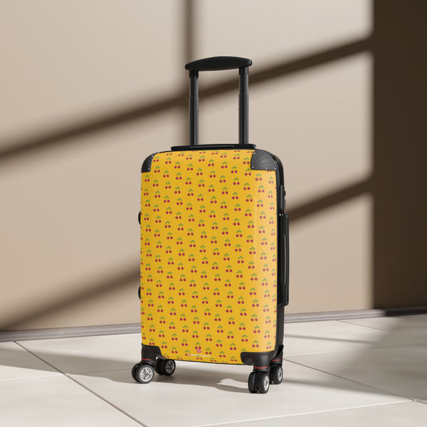 Yellow Cherry Print Suitcase, Cute Red Cherries Print Designer Suitcases, Travel Bag Suitcases