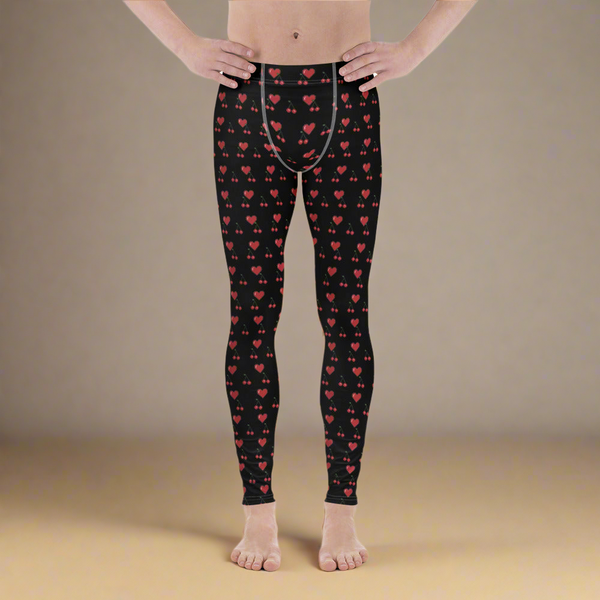 Black Red Hearts Men's Leggings, Red Cherries Printed Best Gay Friendly Hearts Print Valentine's Day Pattern Designer Print&nbsp; Meggings Men's Workout Gym Tights Leggings, Men's Compression Tights Pants - Made in USA/ EU/ MX (US Size: XS-3XL) Patterned Leggings For Men, Tights Workout, Men's Compression Pants, Mens Festival Leggings, Mens Leggings Fashion, Mens Tights&nbsp;