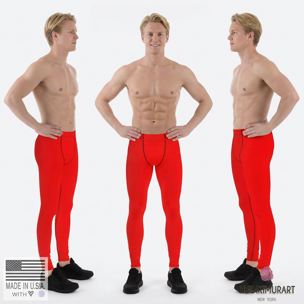 Red Hot Solid Color Men's Running Leggings Meggings Activewear- Made in USA/EU-Men's Leggings-Heidi Kimura Art LLC