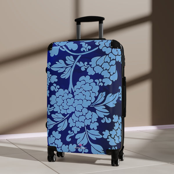 Sky Blue Floral Print Suitcase, Abstract Oriental Style Floral Print Designer Suitcases, Travel Bag Suitcases (Small, Medium, Large)