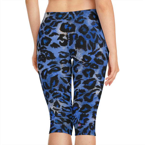 Blue Leopard Women's Capri Leggings, Modern Leopard Animal Print American-Made Best Designer Premium Quality Knee-Length Mid-Waist Fit Knee-Length Polyester Capris Tights-Made in USA (US Size: XS-2XL) Plus Size Available