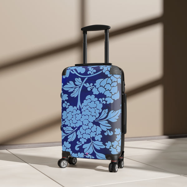 Sky Blue Floral Print Suitcase, Abstract Oriental Style Floral Print Designer Suitcases, Travel Bag Suitcases (Small, Medium, Large)