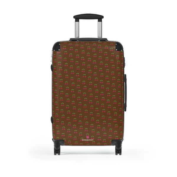 Brown Cherry Print Suitcase, Cute Red Cherries Print Designer Suitcases, Travel Bag Suitcases