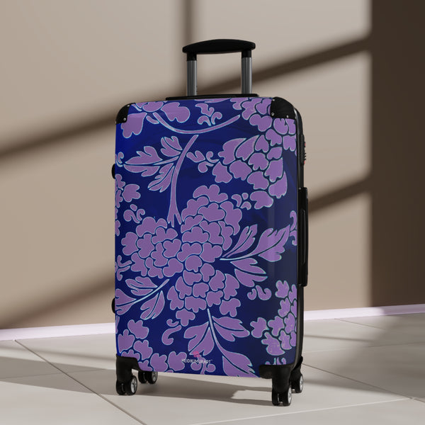 Purple Blue Floral Print Suitcase, Abstract Oriental Style Floral Print Designer Suitcases, Travel Bag Suitcases (Small, Medium, Large)