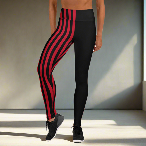Red Black Striped Women's Tights, Yoga Leggings
