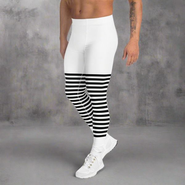 Classic Modern Striped Men's Leggings, Best Sexy Designer&nbsp;Black White Athletic Running Elastic&nbsp;Horizontally&nbsp;Striped Men's Running Leggings &amp; Run Tights Meggings Activewear- Made in USA/ Europe/ MX (US Size: XS-3XL) Circus Festival Style Long Sexy Stretchy Soft Tights For Men