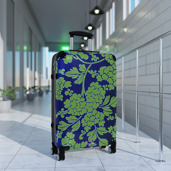 Green Blue Floral Print Suitcase, Abstract Oriental Style Floral Print Designer Suitcases, Travel Bag Suitcases (Small, Medium, Large)