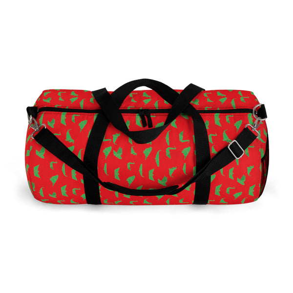 Red Crane Print Duffel Bag, Green Japanese Crane Print Pattern Print Designer Premium All Day Small Or Large Size Duffel or Gym Bag, Made in USA, Womens Large Patterned Duffle Bag, Gym Bag For Ladies, Patterned Duffle Bag