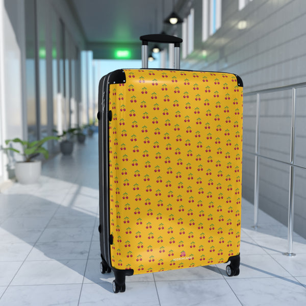 Yellow Cherry Print Suitcase, Cute Red Cherries Print Designer Suitcases, Travel Bag Suitcases