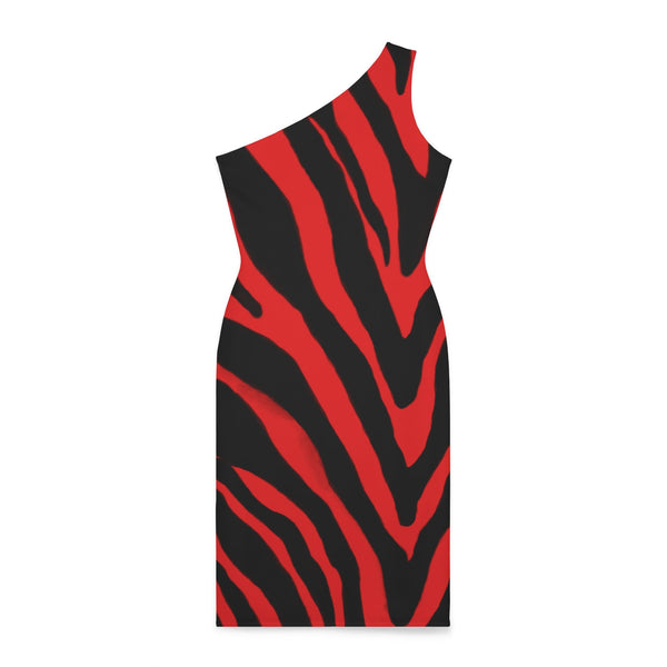 Red Zebra Shoulder Dress, Zebra Pattern Women's Shoulder Dress, White and Black Best Knee-Length Fitted Stretchy Designer Animal Print Off-The-Shoulder Sleeveless Dress &nbsp;- Made in USA (US Size: XS-XL)