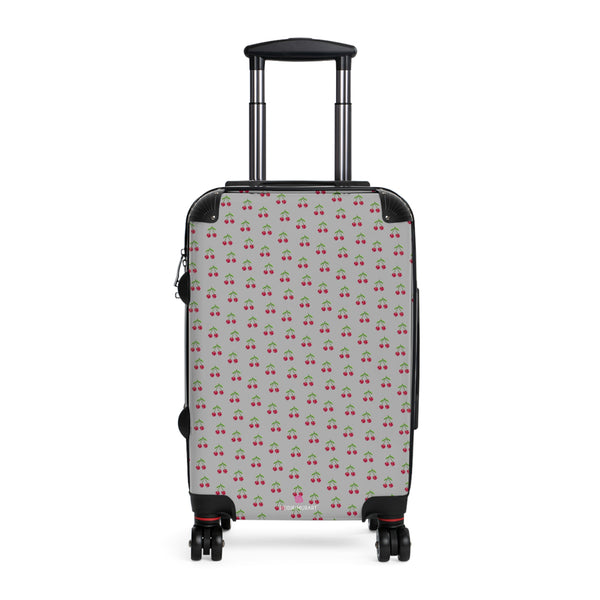 Light Grey Cherry Print Suitcase, Cute Red Cherries Print Designer Suitcases, Travel Bag Suitcases