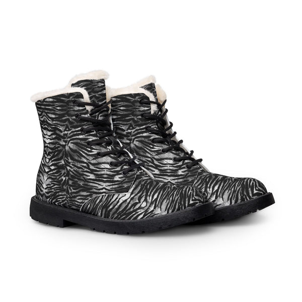 Men's Black Zebra Fur-Lined Leather Boots — Insulated Winter Combat Style