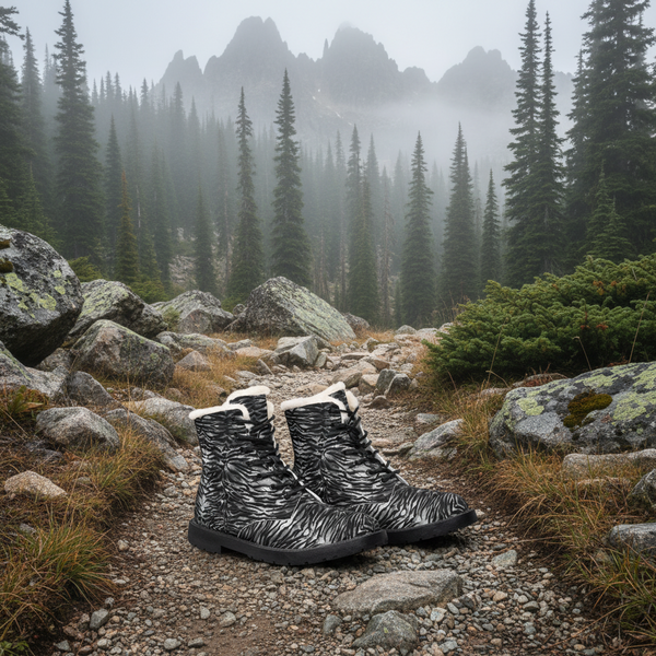 Men's Black Zebra Fur-Lined Leather Boots — Insulated Winter Combat Style