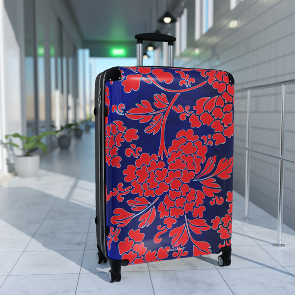 Red Blue Floral Print Suitcase, Abstract Oriental Style Floral Print Designer Suitcases, Travel Bag Suitcases (Small, Medium, Large)