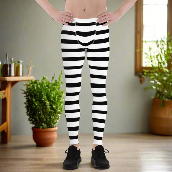 Black Striped Horizontal Print Meggings, White Stripe Horizontal Premium Men's Leggings-Made in USA/EU