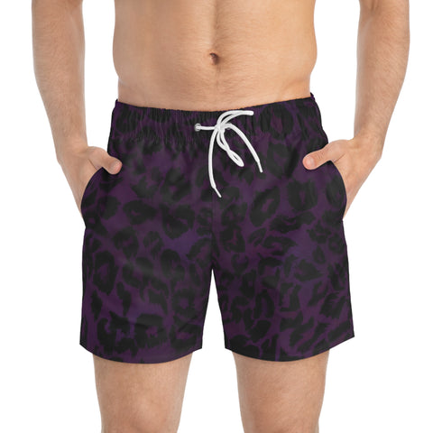 Purple Leopard Men's Swim Trunks, Dark Purple Best Designer Leopard Animal Print Swim Trunks For Men (US Size: XS-3XL)&nbsp;Animal Print Mid-Length Shorts Beach Pockets Mesh Lining Drawstring Luxury Cool Guys Casual Bathing Suit Plus Size Available Swimwear For Men