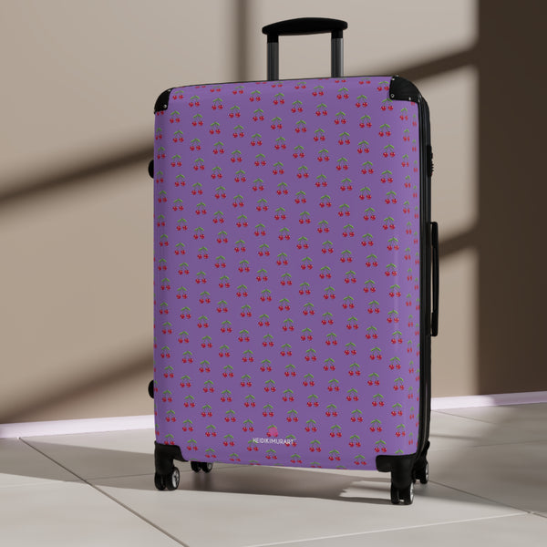 Purple Cherry Print Suitcase,  Red Cherries Print Designer Suitcases, Travel Bag Suitcases