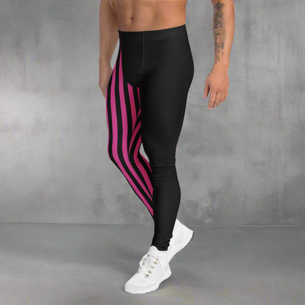 Pink Black Striped Meggings, Men's Leggings
